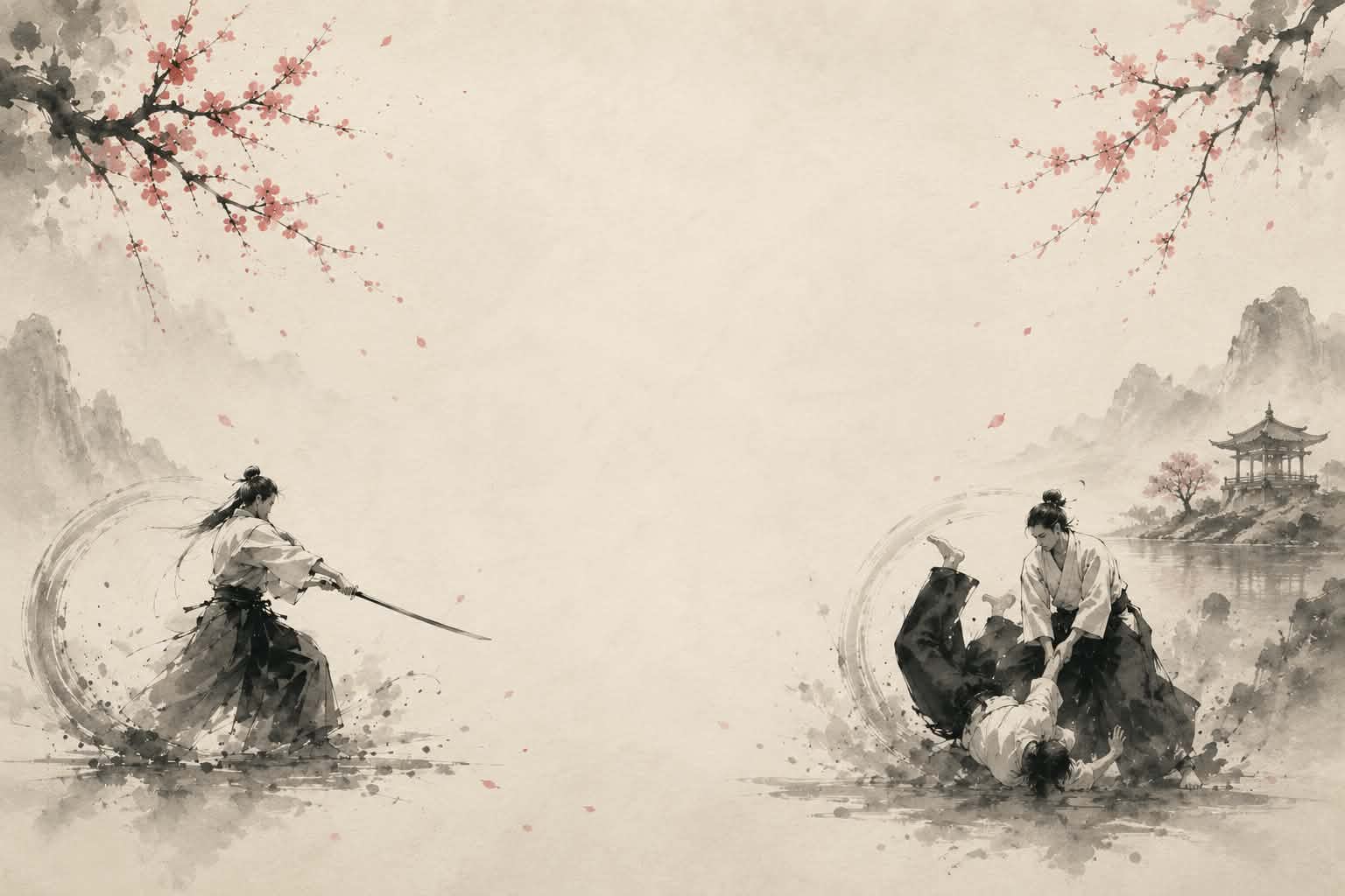 Illustration à l'encre : un pratiquant de iaïdo au sabre et une technique d'aïkido